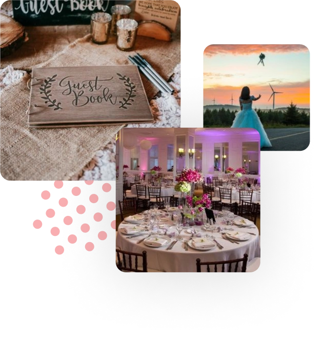 Κολάζ με φωτογραφίες της νύφης και του τραπεζιού των ευχών