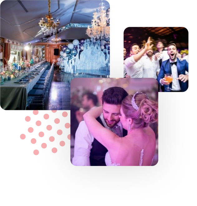 Κολάζ απο γαμήλιες φωτογραφίες με ζευγάρι και καλεσμένους γάμου