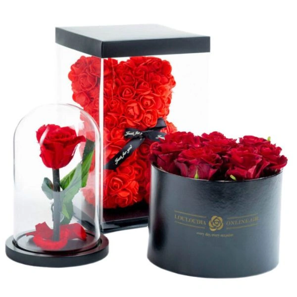 Δώρο με αρκουδάκι, λουλούδια και τριαντάφυλλο