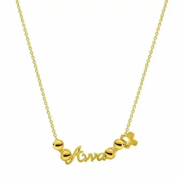 Επιχρυσωμένο κολιέ από ασήμι 925 με καλλιγραφικό όνομα, χρυσές μπίλιες και μικρό σταυρό σε λευκό φόντο.
        loading=