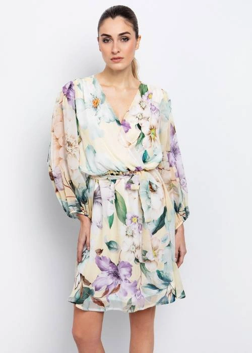 Φόρεμα μακρύ εμπριμέ με δαντέλα με λάστιχο στη μέση & δετή ασορτί ζώνη