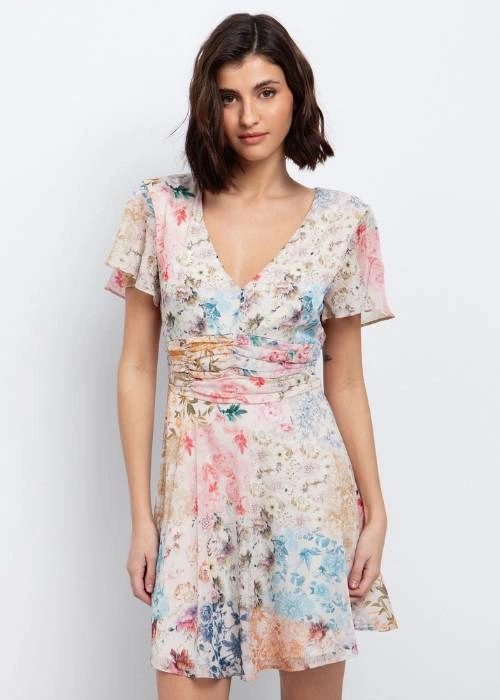 Mini φόρεμα με V ντελκοτέ, και Αll over τύπωμα με πολύχρωμα λουλούδια & μεταλλόνημα