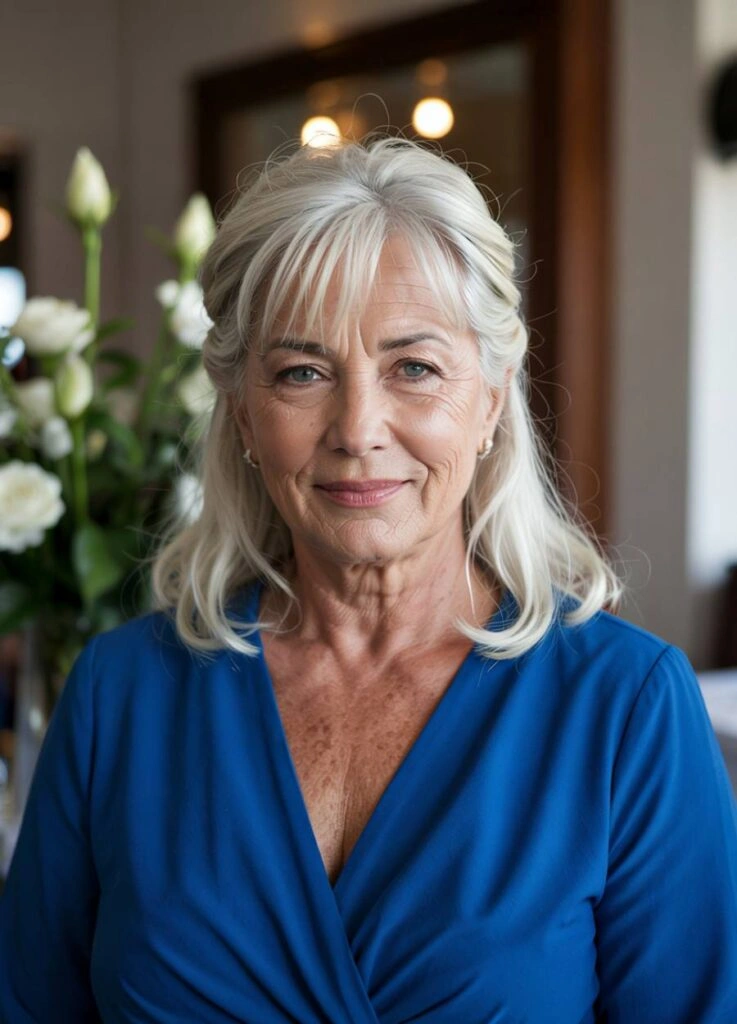 Μαμά νύφης με μεσαία μαλλία και μπλέ φόρεμα