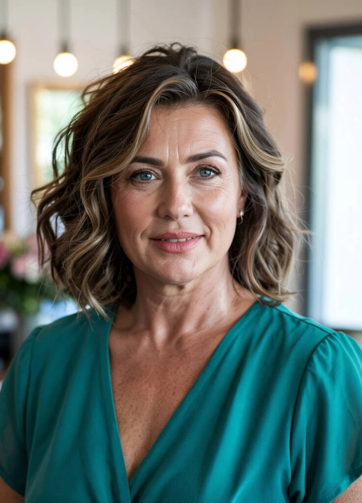 Μητέρα νύφης με κυματιστό καρέ και πράσινο φόρεμα