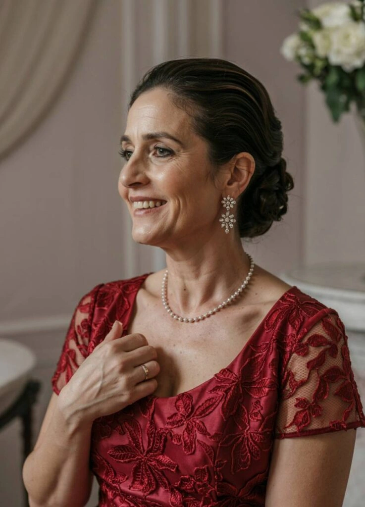 Χαρούμενη μητέρα νύφης με κόκκινο φόρεμα, και κλασσικό κότσο