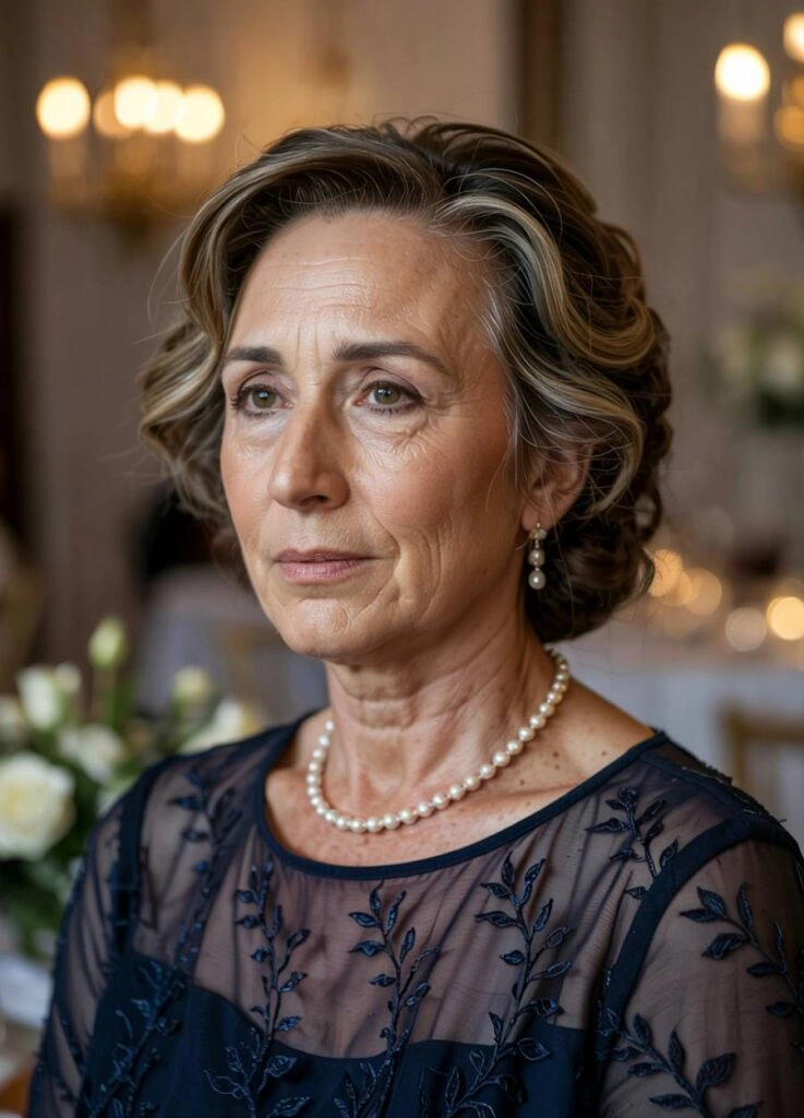 Συγκινημένη μητέρα νύφης, με σικ μπλέ φόρεμα, κοντά μαλλια, και πέρλες