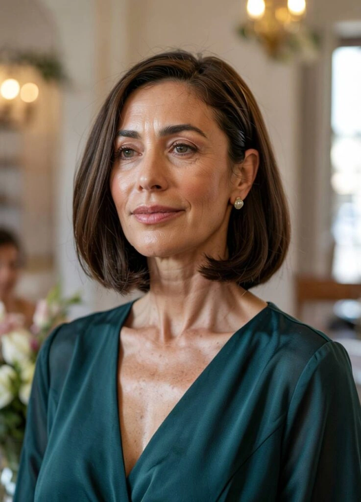 Κομψή μαμά νύφης με πράσινο φόρεμα και κομψό καρέ