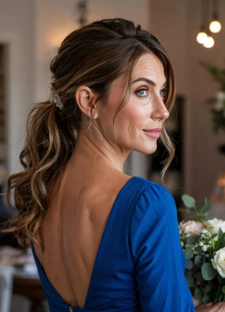 Μητέρα της νύφης με μπλέ φόρεμα με ανοιχτή πλάτη και χαμηλή αλογοουρά