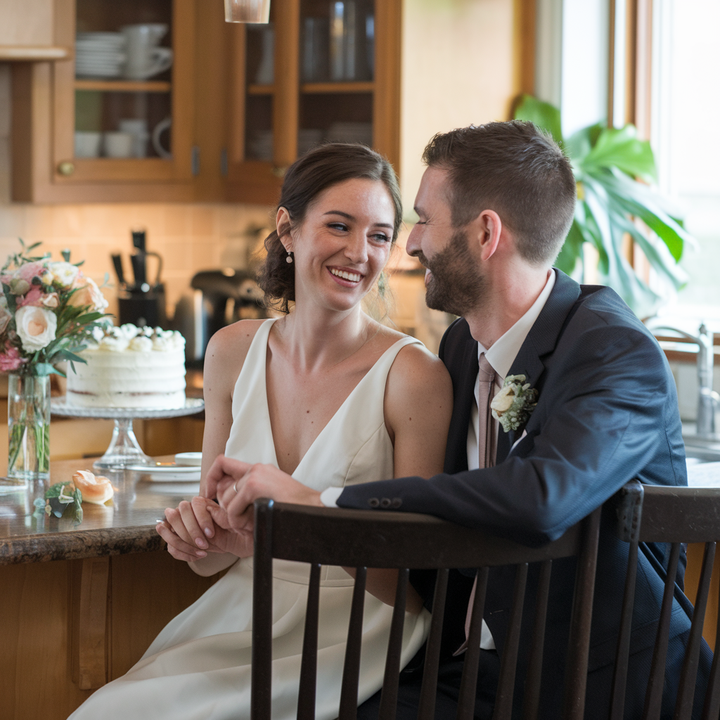 Νύφη και γαμπρός κάθονται σε μια κουζίνα, κοιτάζονται και χαμογελούν.