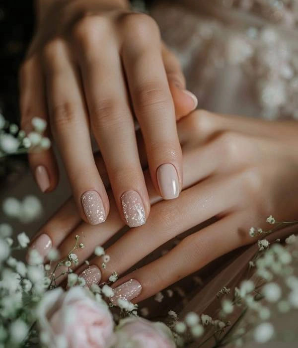 Νυφικά νύχια με γκλίτερ σε μπεζ βάση, διακοσμημένα με baby's breath και ροζ τριαντάφυλλα.