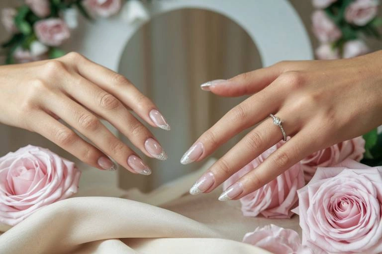 Νυφικά νύχια με γαλλικό μανικιούρ με γκλίτερ και ροζ τριαντάφυλλα, με ένα ασημένιο δαχτυλίδι με διαμάντι.