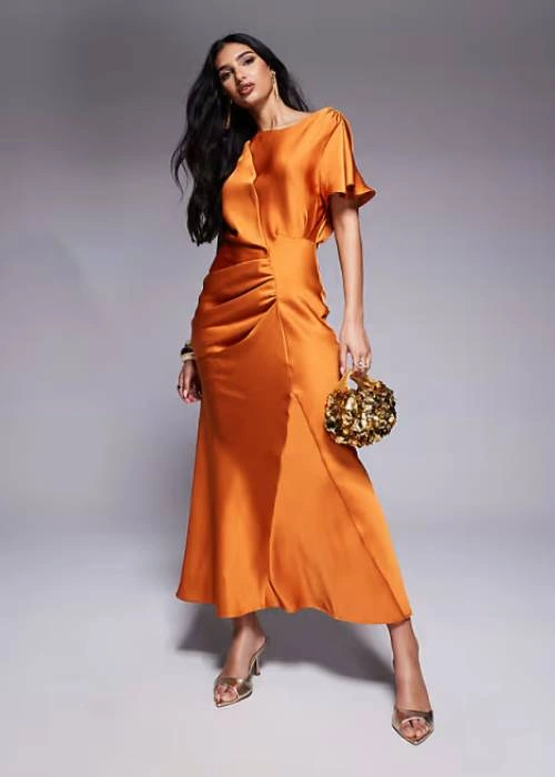 Σατέν midi φόρεμα σε πορτοκαλί χρώμα
