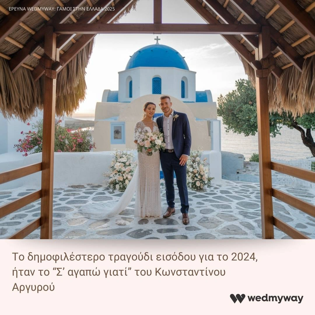 Ρομαντική φωτογραφία γάμου με ζευγάρι να ποζάρει μπροστά σε εκκλησία με μπλε θόλο και θέα τη θάλασσα.