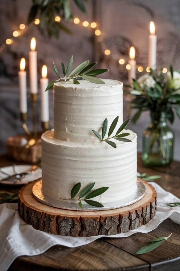 Λευκή απλή τούρτα διακόσμηση με minimal φύλλα ελιάς, με φόντο rustic ξύλινο τραπέζι.