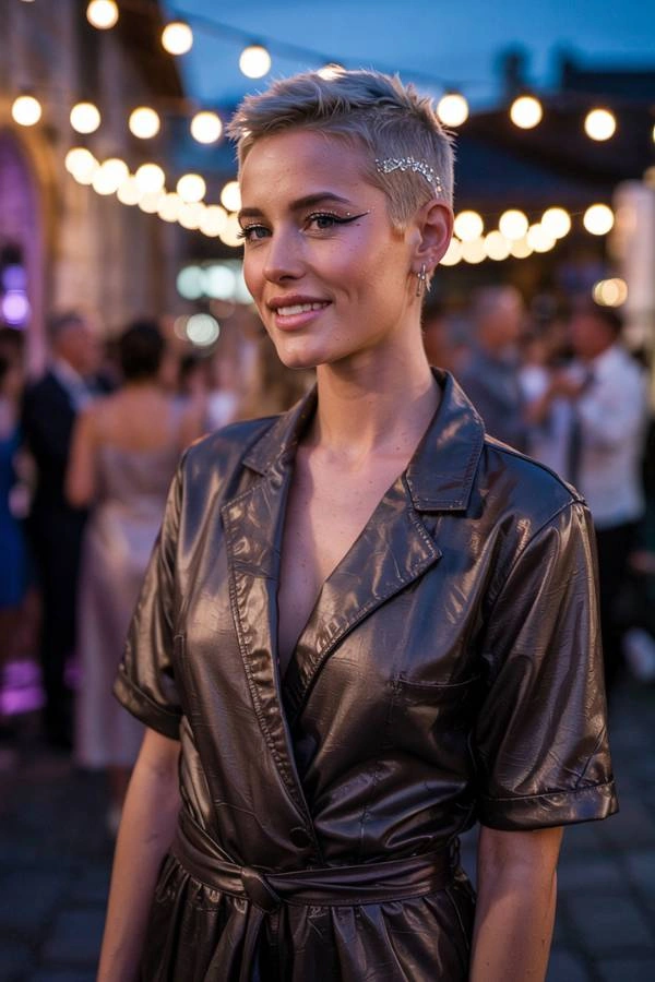 Πρωτότυπο κοντό αγορίστικο χτένισμα με διακοσμητικά στρας στο πλάι για καλεσμένη με κοντά μαλλιά σε γάμο. Η γυναίκα έχει πολύ κοντά ξανθά μαλλιά και έντονο μακιγιάζ στα μάτια. Φοράει ένα σκούρο μεταλλικό φόρεμα ή πουκάμισο. Βρίσκεται σε εξωτερικό χώρο με κόσμο και φωτάκια στο θολό φόντο.