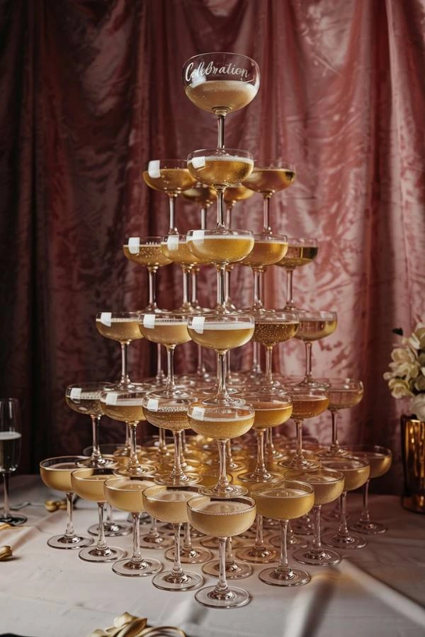 Champagne tower με χρυσά coupe glasses, σε elegant glamorous φόντο