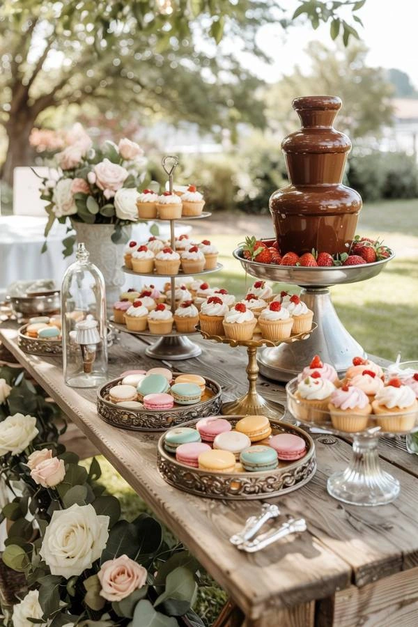 Dessert table σε γαμήλια δεξίωση με διαφορετικά γλυκά σε rustic chic διακόσμηση