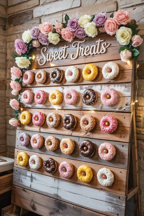 Τοίχος με ντόνατς σε rustic φόντο, διακοσμημένος με λουλούδια και fairy lights