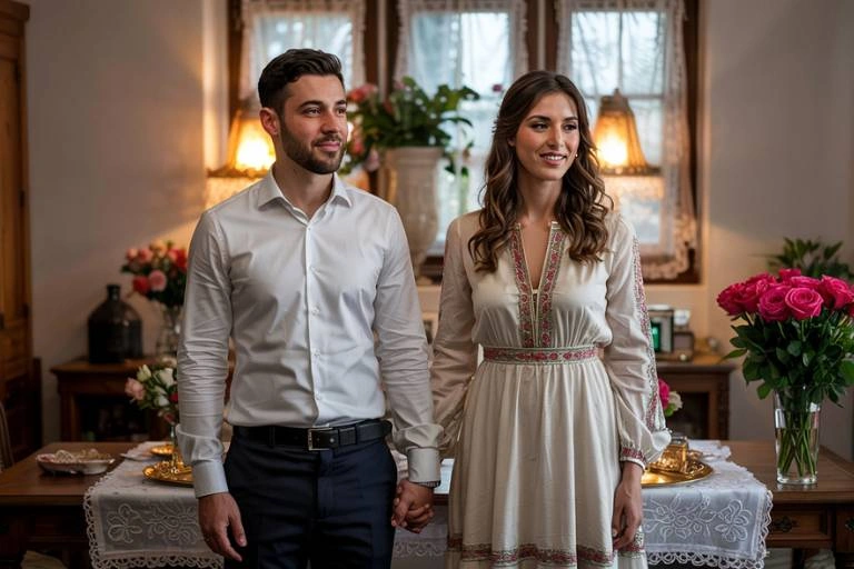 Ενα αρραβωνιασμένο ζευγάρι, μπροστά απο το τραπέζι αρραβώνα, περιμένει καλεσμένους με δώρα αρραβώνα