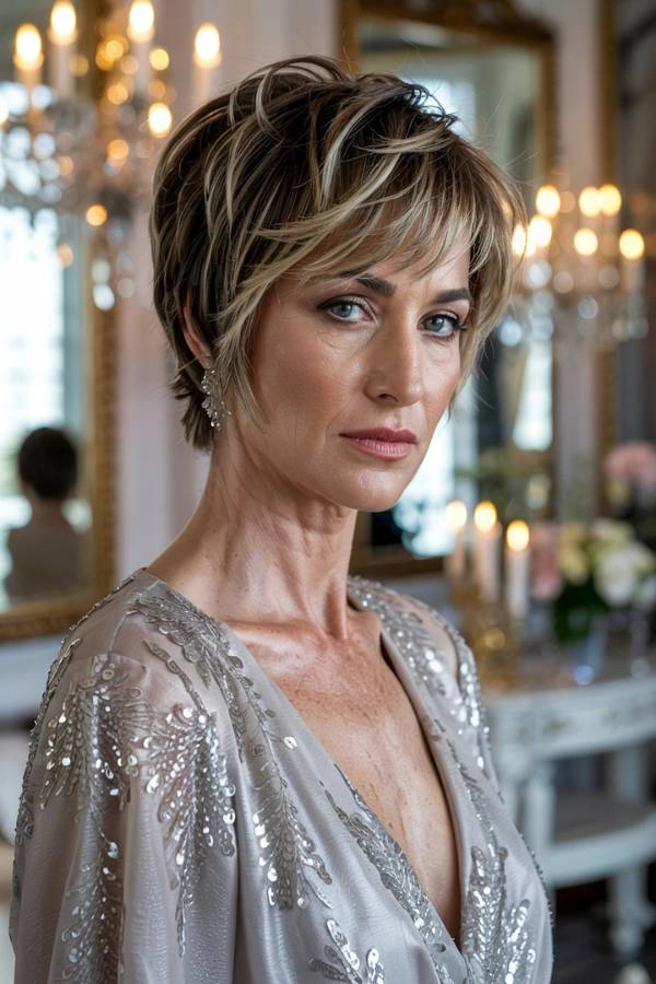 Κομψό κοντό φιλαριστό χτένισμα με αφέλειες και ανταύγειες για καλεσμένη σε γάμο. Η γυναίκα έχει καστανά μαλλιά με ξανθές ανταύγειες και φοράει ένα ασημί φόρεμα με παγιέτες. Φοράει μακριά ασημένια σκουλαρίκια και έχει διακριτικό μακιγιάζ. Βρίσκεται σε έναν πολυτελή εσωτερικό χώρο με κρυστάλλινους πολυελαίους και διακοσμητικά στοιχεία στο φόντο.