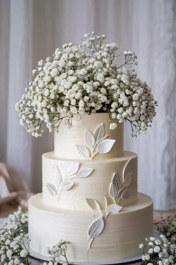 Elegant τούρτα γάμου με μία μεγάλη ανθοδέσμη από baby’s breath σε minimal ύφος