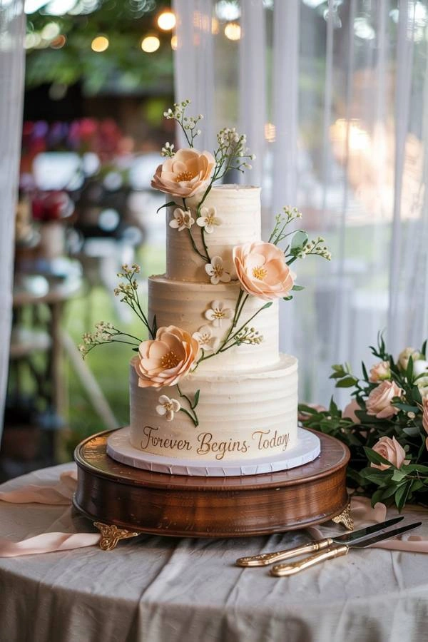 Elegant τούρτα γάμου με λεπτομέρειες από ροδάκινο και ελαφριά πρασινάδα, σε καλοκαιρινό φόντο