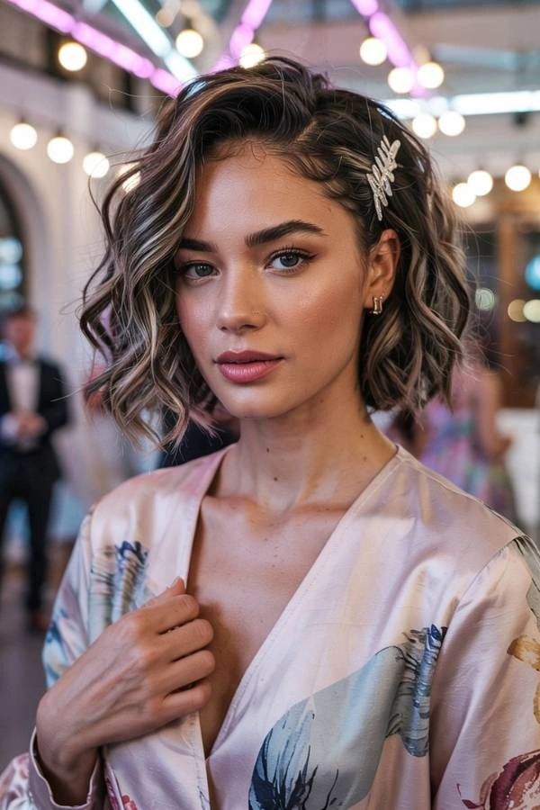 Λαμπερό κυματιστό καρέ με χωρίστρα στο πλάι και ασημένιο διακοσμητικό τσιμπιδάκι για καλεσμένη με κοντά μαλλιά σε γάμο. Η γυναίκα έχει καστανά μαλλιά με ξανθές ανταύγειες και φοράει ένα σατέν φόρεμα με floral σχέδια. Φοράει μικρά σκουλαρίκια και έχει διακριτικό μακιγιάζ. Βρίσκεται σε έναν εσωτερικό χώρο με διακοσμητικά φώτα και κόσμο στο θολό φόντο.