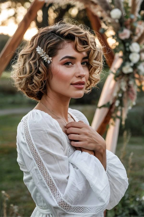 Ρομαντικό σγουρό καρέ με χωρίστρα στο πλάι και ασημένιο διακοσμητικό τσιμπιδάκι σε σχήμα φύλλου για καλεσμένη με κοντά μαλλιά σε γάμο. Η γυναίκα έχει ξανθά σγουρά μαλλιά και φοράει ένα λευκό φόρεμα με δαντελένιες λεπτομέρειες. Ποζάρει σε εξωτερικό χώρο μπροστά από μια ξύλινη αψίδα διακοσμημένη με λουλούδια.