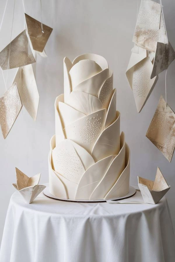 Γλυπτή τούρτα γάμου με γεωμετρικά σχέδια από ζαχαρόπαστα, σε white-on-white setting.