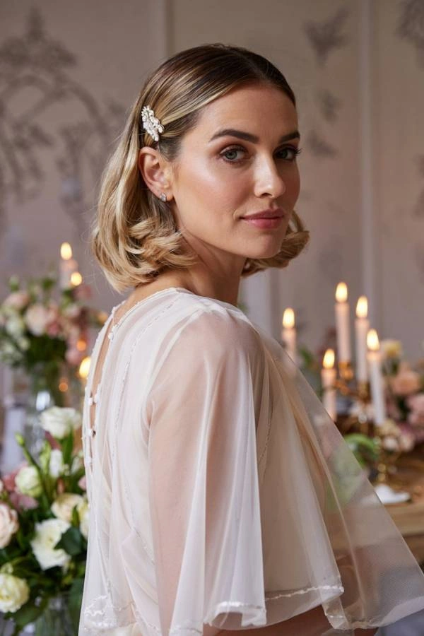 Λείο καρέ με ελαφριές μπούκλες και διακοσμητικό ασημένιο τσιμπιδάκι με πέρλες για καλεσμένη με κοντά μαλλιά σε γάμο. Η γυναίκα έχει ξανθά μαλλιά με σκούρες ρίζες και φοράει ένα ανοιχτόχρωμο αέρινο φόρεμα. Βρίσκεται σε έναν κομψά διακοσμημένο εσωτερικό χώρο με λουλούδια και κεριά στο φόντο.