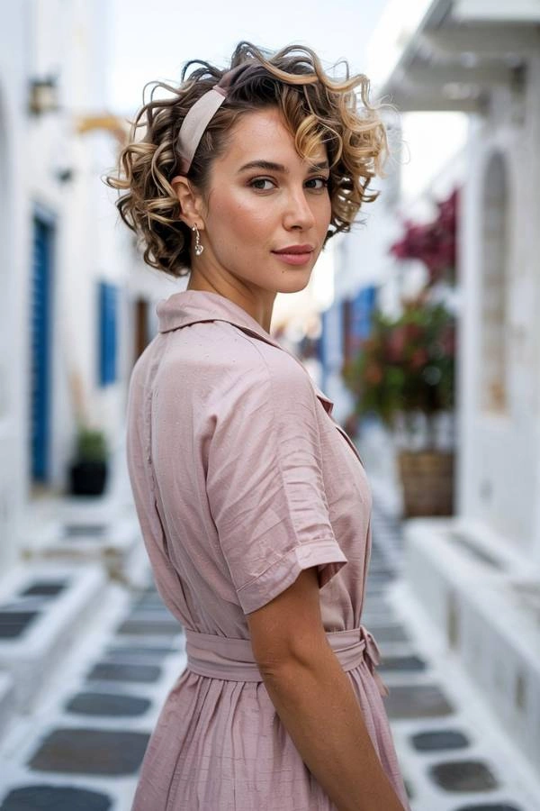 Σγουρό καρέ με αξεσουάρ στέκα για καλεσμένη με κοντά μαλλιά σε γάμο. Η γυναίκα έχει καστανά σγουρά μαλλιά με ξανθές ανταύγειες και φοράει μια ανοιχτόχρωμη στέκα. Φοράει ένα ροζ φόρεμα και κομψά σκουλαρίκια. Ποζάρει σε ένα γραφικό σοκάκι με λευκά σπίτια και μπλε λεπτομέρειες.