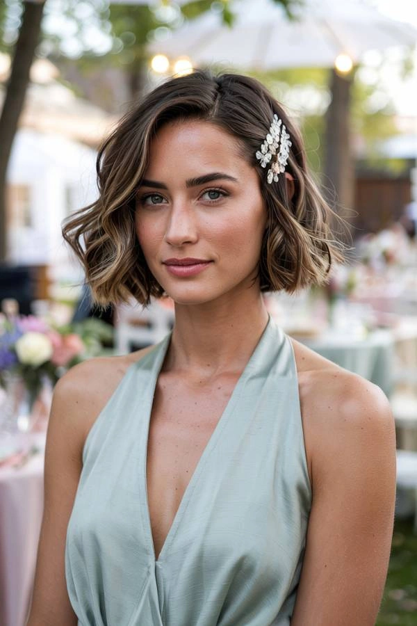 Κυματιστό καρέ με χωρίστρα στο πλάι και λαμπερό ασημένιο τσιμπιδάκι για καλεσμένη με κοντά μαλλιά σε γάμο. Η γυναίκα έχει καστανά μαλλιά με ξανθές ανταύγειες και φοράει ένα ανοιχτό πράσινο φόρεμα με halter λαιμόκοψη. Βρίσκεται σε εξωτερικό χώρο με στολισμένα τραπέζια και λουλούδια στο θολό φόντο.