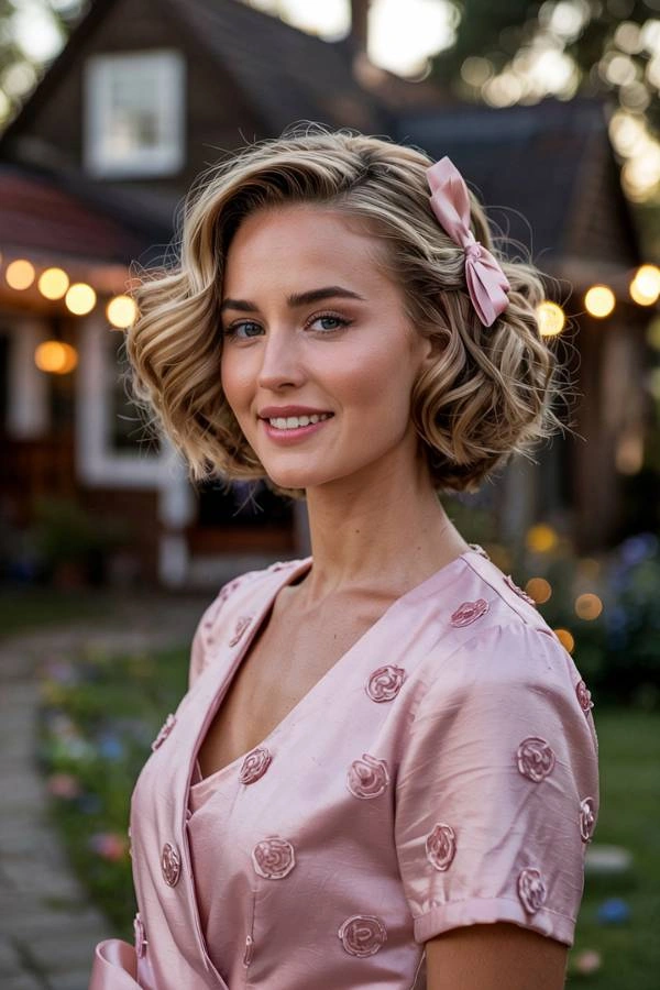 Κομψό καρέ χτένισμα με έντονες μπούκλες για καλεσμένη σε γάμο. Η γυναίκα έχει ξανθά μαλλιά με ανταύγειες και φοράει έναν μικρό ροζ φιόγκο στο πλάι. Φοράει ένα ροζ σατέν φόρεμα με ανάγλυφα λουλούδια και χαμογελά. Στο φόντο διακρίνονται φώτα και ένα σπίτι.