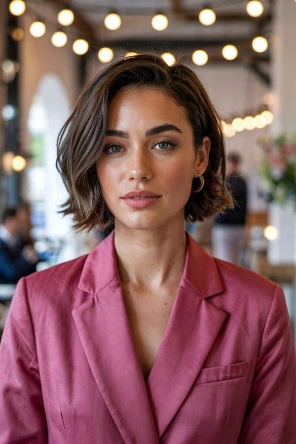 Sleek κυματιστό καρέ με χωρίστρα στο πλάι για καλεσμένη με κοντά μαλλιά σε γάμο. Η γυναίκα έχει καστανά μαλλιά και φοράει ένα ροζ σακάκι. Φοράει μικρούς χρυσούς κρίκους στα αυτιά και έχει διακριτικό μακιγιάζ. Βρίσκεται σε έναν εσωτερικό χώρο με φώτα και κόσμο στο θολό φόντο.