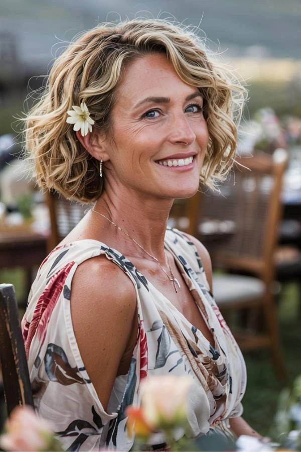 Ανάλαφρο σγουρό καρέ με λουλούδι για καλεσμένη με κοντά μαλλιά σε γάμο. Η γυναίκα έχει ξανθά σγουρά μαλλιά και φοράει ένα λευκό λουλούδι στο πλάι. Φοράει ένα φόρεμα με floral σχέδια και χαμογελά. Βρίσκεται σε εξωτερικό χώρο με στολισμένα τραπέζια και καρέκλες στο θολό φόντο.
