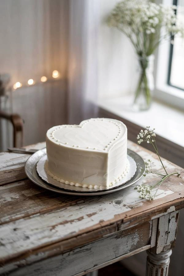 Minimal λευκή τούρτα γάμου σε σχήμα καρδιάς, πάνω σε ξύλινο vintage τραπέζι.