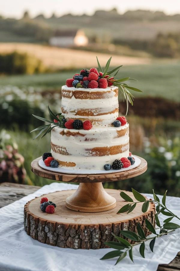 Λιτή τούρτα γάμου με ελαφρύ naked cake style, και φρούτα του δάσους