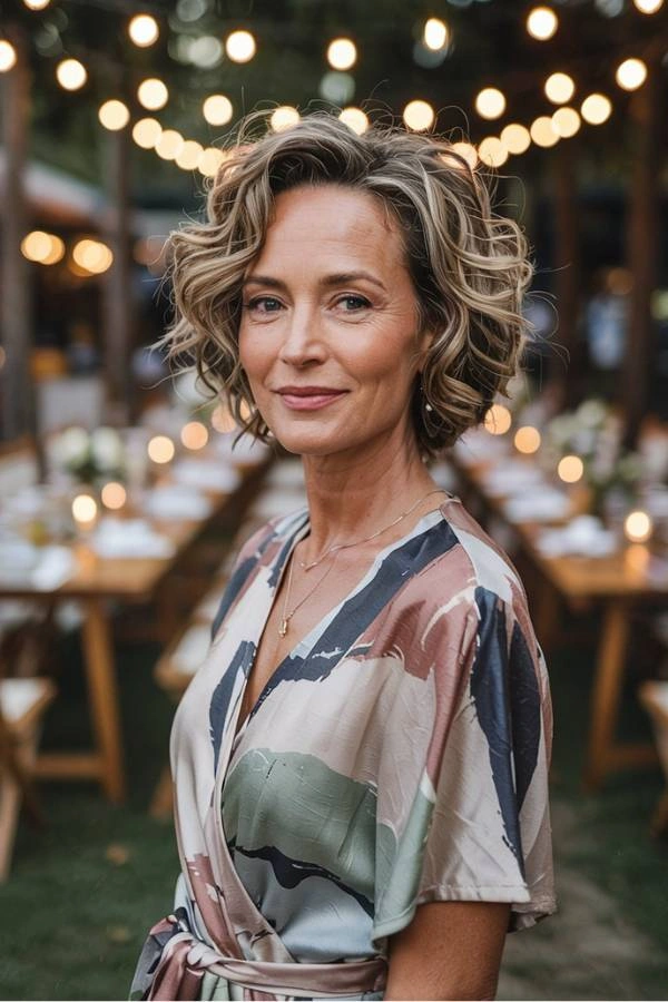 Κομψό κυματιστό καρέ με χωρίστρα στο πλάι για καλεσμένη σε γάμο. Η γυναίκα έχει ξανθά μαλλιά με καστανές ανταύγειες και φοράει ένα φόρεμα με αφηρημένα σχέδια σε γήινους τόνους. Φοράει διακριτικά χρυσά κοσμήματα. Βρίσκεται σε εξωτερικό χώρο με στολισμένα τραπέζια και φωτάκια στο φόντο.