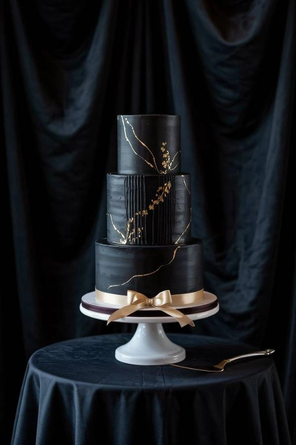 Μαύρη elegant γαμήλια τούρτα με χρυσές πινελιές, σε φόντο μαύρο βελούδο