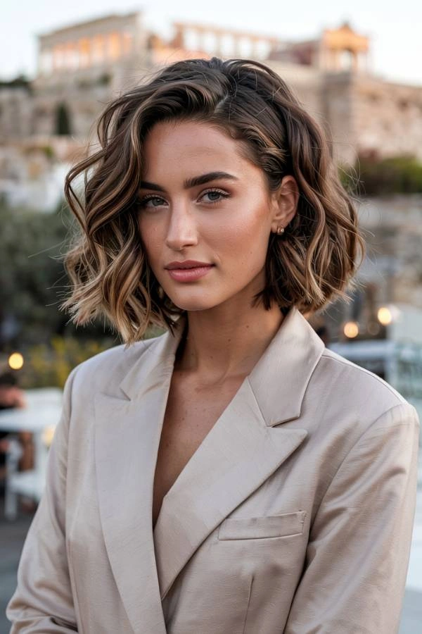 Μοντέρνο κυματιστό καρέ χτένισμα για καλεσμένη σε γάμο. Η γυναίκα έχει καστανά μαλλιά με ξανθές ανταύγειες και χωρίστρα στο πλάι. Φοράει ένα μπεζ σακάκι και κοιτάζει την κάμερα με σοβαρό ύφος. Στο φόντο διακρίνεται μια θολή αστική τοποθεσία με κτίρια.
