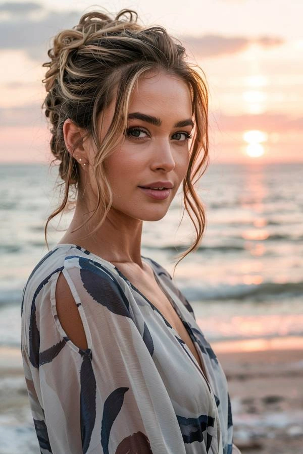 Ανάλαφρο πιάσιμο με πλεξούδες και ελεύθερες μπούκλες για καλεσμένη με κοντά μαλλιά σε γάμο. Η γυναίκα έχει ξανθά μαλλιά με ανταύγειες και μερικές τούφες πλαισιώνουν το πρόσωπό της. Φοράει ένα αέρινο φόρεμα με σχέδια και ποζάρει στην παραλία κατά το ηλιοβασίλεμα.
