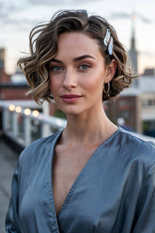 Ανάλαφρες μπούκλες σε καρέ με χωρίστρα στο πλάι και διακοσμητικά τσιμπιδάκια για καλεσμένη με κοντά μαλλιά σε γάμο. Η γυναίκα έχει καστανά μαλλιά με ξανθές ανταύγειες και φοράει ένα μπλε-γκρι σατέν φόρεμα. Φοράει μικρούς κρίκους στα αυτιά και έχει διακριτικό μακιγιάζ. Βρίσκεται σε εξωτερικό χώρο με φώτα και ένα αστικό τοπίο στο φόντο.