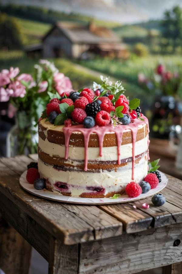 Naked cake με berries και σταγόνες από βουτυρόκρεμα σε εξοχικό φόντο