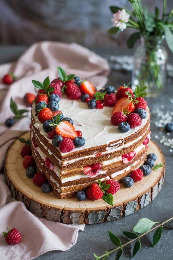 Heart-shaped naked cake με φρέσκα berries και απαλό rustic φόντο