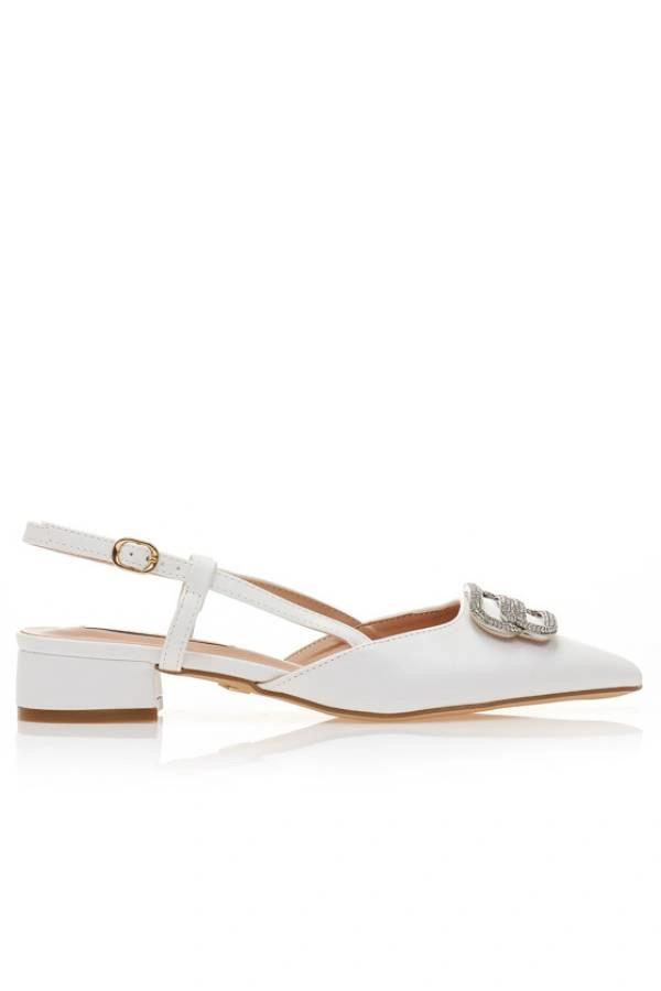 Γόβες mules λευκές δερματίνη με αγκράφα από στρας