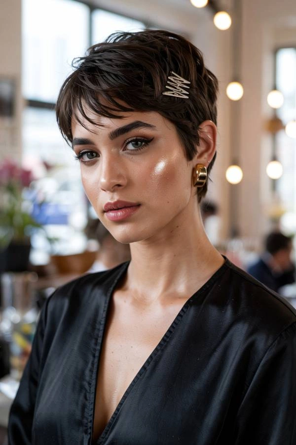 Sleek αγορίστικο χτένισμα με αφέλειες και διακοσμητικά χρυσά τσιμπιδάκια για καλεσμένη με κοντά μαλλιά σε γάμο. Η γυναίκα έχει σκούρα καστανά κοντά μαλλιά και έντονο μακιγιάζ στα μάτια. Φοράει ένα μαύρο σατέν τοπ με V λαιμόκοψη και χρυσούς κρίκους στα αυτιά. Βρίσκεται σε έναν εσωτερικό χώρο με θολό φόντο και διακοσμητικά φώτα.