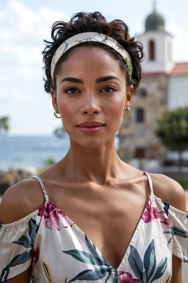 Σγουρό κοντό χτένισμα με αξεσουάρ στέκα για καλεσμένη με κοντά μαλλιά σε γάμο. Η γυναίκα έχει σκούρα σγουρά μαλλιά και φοράει μια λευκή στέκα με διακριτικό σχέδιο. Φοράει ένα φόρεμα με floral μοτίβα και κομμένους ώμους. Βρίσκεται σε εξωτερικό χώρο με θάλασσα και ένα κτίριο με πράσινο τρούλο στο φόντο.