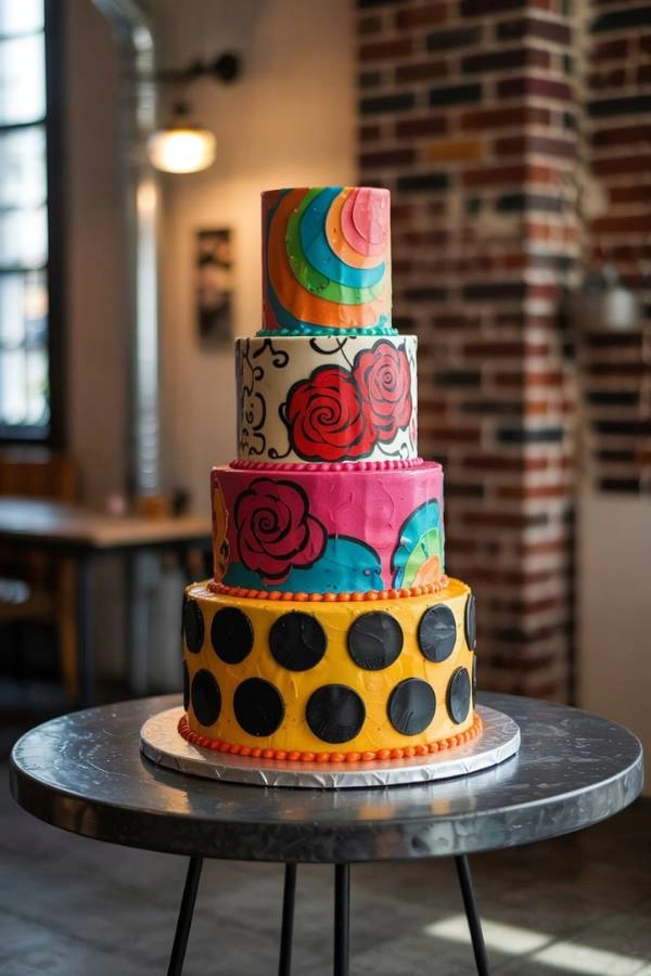 Πολύχρωμη τούρτα γάμου, με διαφορετικό σχέδιο σε κάθε πάτωμα και pop art στυλ, σε urban industrial φόντο