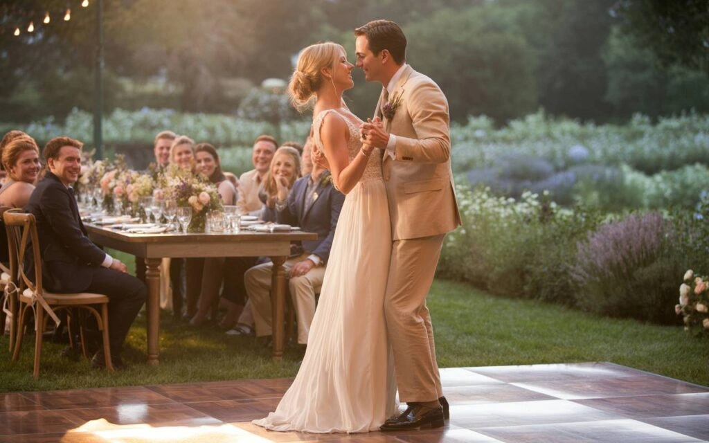 Ένα νιόπαντρο ζευγάρι χορεύει τον πρώτο του χορό σε εξωτερικό χώρο. Η νύφη φοράει λευκό νυφικό και ο γαμπρός μπεζ κοστούμι. Οι καλεσμένοι τους παρακολουθούν από τραπέζια στο βάθος.
