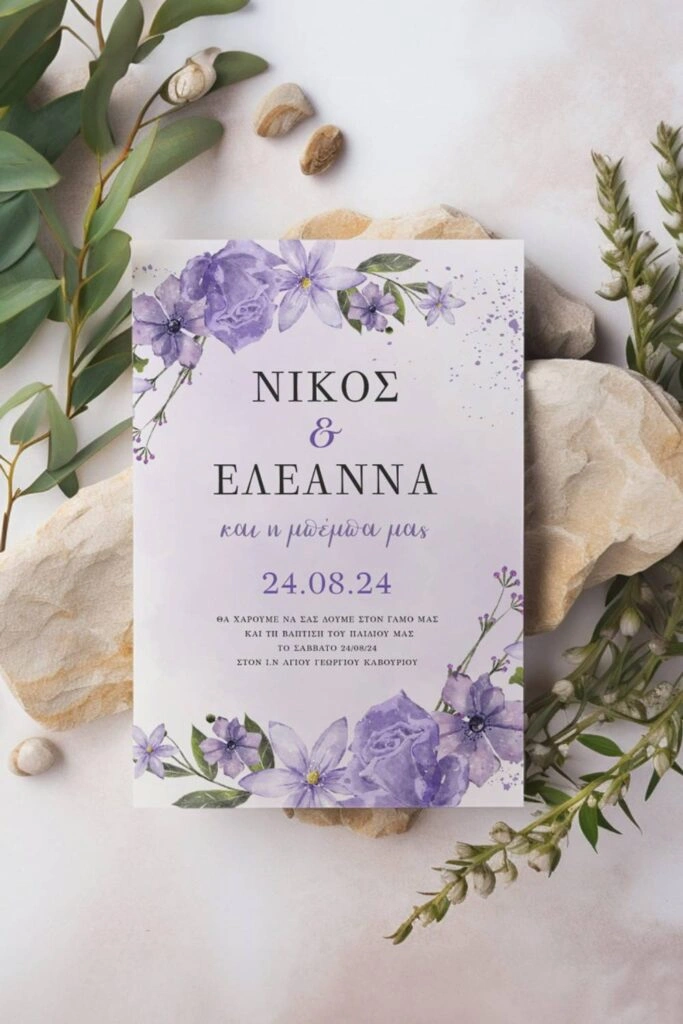 Ρομαντικό Προσκλητήριο γάμου & βάπτισης με λουολούδια σε μωβ χρώμα